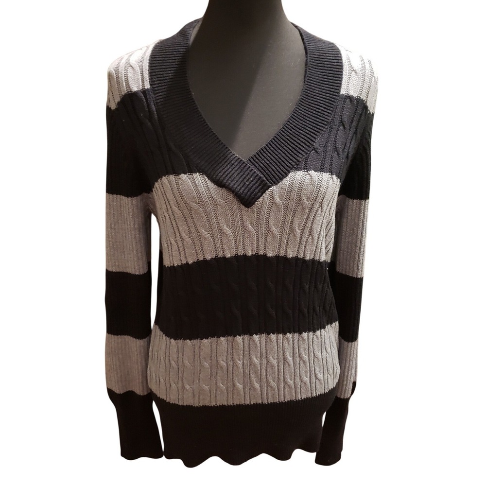 Faded Glory XL 16 18 Black‎ Grey Striped Cable Knit V Neck Sweater Cotton